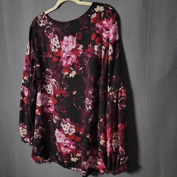 Roz & Ali Burgundy Floral Fairy Grunge Long Sleeve Cottagecore Work Top 2X - Picture 7 of 12